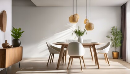 Minimalist dining area: Clean white walls, simple tableware, pendant lighting, and a single bold centerpiece. 