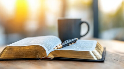 Fototapeta premium open vintage book with pen resting on it sits beside cup on wooden table, bathed in warm sunlight. scene evokes sense of calm and contemplation