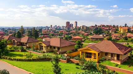 Obraz premium Hillside homes, city skyline view, sunny day, residential area