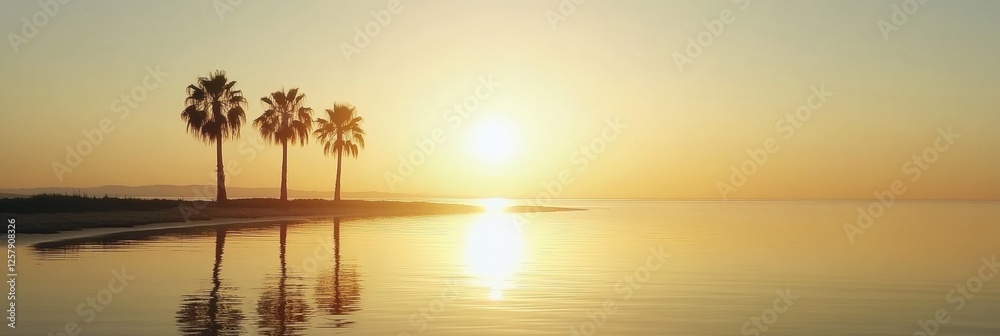 Poster serene sunset over calm water with palm trees silhouetted on the shore. generative ai