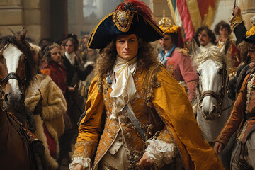 Naklejka premium Charles of Habsburg enters Madrid in 1710 during a grand procession with regal attire and horsemen