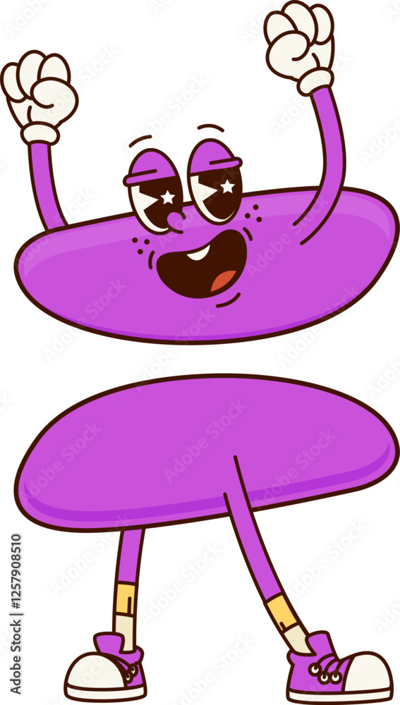 Poster cartoon groovy math equal sign character with happy smile on face, vector emoji. groovy equals or eq