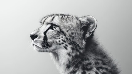 Cheetah profile, grayscale, alert, studio, wildlife art, print