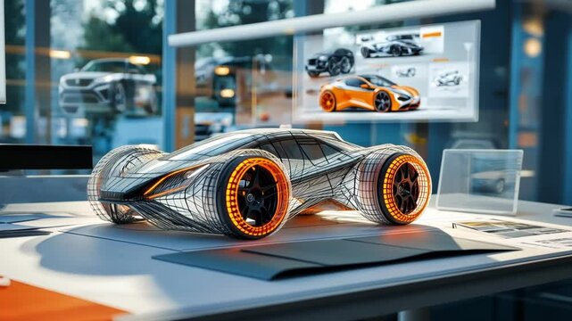 Futuristic electric car prototype displayed on a desk in a modern automotive design studio, showcasing innovative design and engineering using cad software and 3d modeling technologies