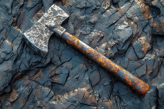 Weathered Rusty Axe on Dark Rock Surface