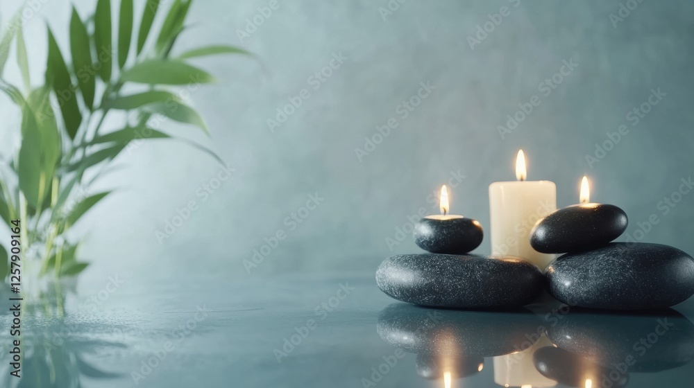 Poster Relaxing spa setup with smooth massage stones and soft candlelight creating a tranquil atmosphere for wellness sessions. Generative AI