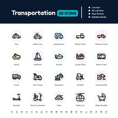 Transportation Line Icon Set – Pixel Perfect Editable Stroke Vector Design