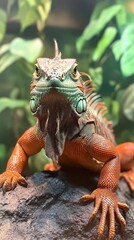 Obraz premium A colorful iguana sits confidently on a lava rock with lush green foliage in the background, showcasing its vibrant scales.