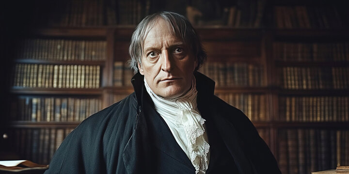 Portrait of Georg Wilhelm Friedrich Hegel in a library with philosophical texts surrounding him