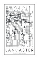 Printable downtown road map poster of the USA city of LANCASTER on solid white background with city name