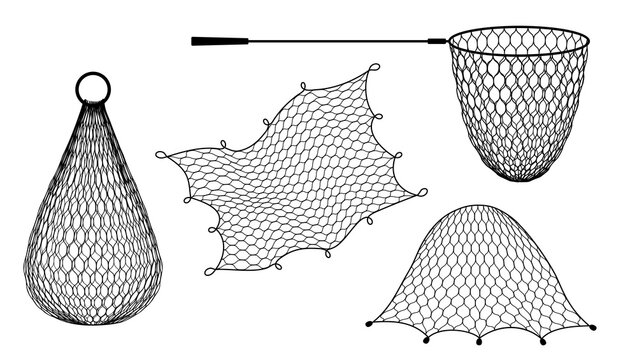 Isolated fishing net, trap and trawl or fish tank and seine, vector fisherman equipment. Fishery gillnet or gill and fish trap, bottom net seine or trammel fishnet with hoop net and fish cage catcher