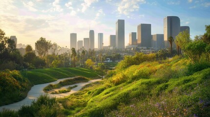 Fototapeta premium Urban jungle of LA, blending green spaces with towering architecture, modern city harmony