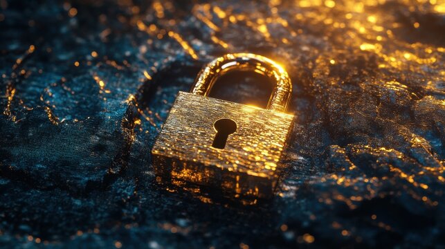 Golden padlock on a digital background, symbolizing security and data protection.