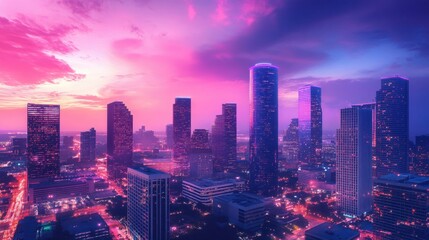 Fototapeta premium Urban skyline with surreal glowing office buildings, pink and purple hues