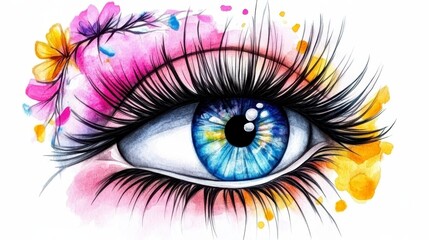 Abstract illustration of an eye, featuring vibrant pink, purple, and orange watercolor style splashes surrounding a detailed blue eye with dark