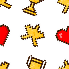 Seamless vector pattern with 8-bit game icons star, heart, and trophy on a white background.