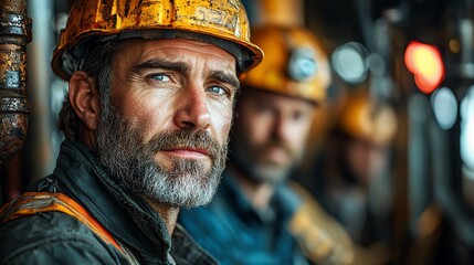 Fototapeta premium Focused miner, colleagues blurred, underground mine, safety gear