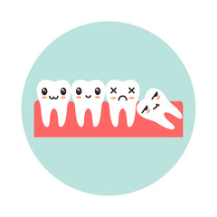 Dental arch with a wisdom tooth with kawaii emotion. Concept of dental problems. Vector flat icon.