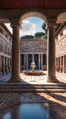 A luxurious Roman domus, large marble columns, red-tiled roof, detailed frescoes on the walls, mosaic floors