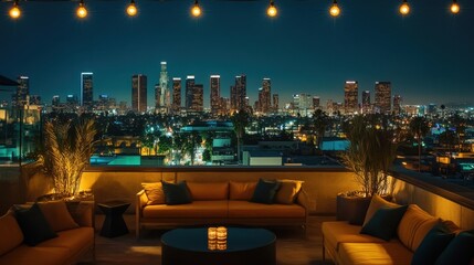 View of LA skyline from a rooftop bar, a lively urban nightlife scene with glowing lights