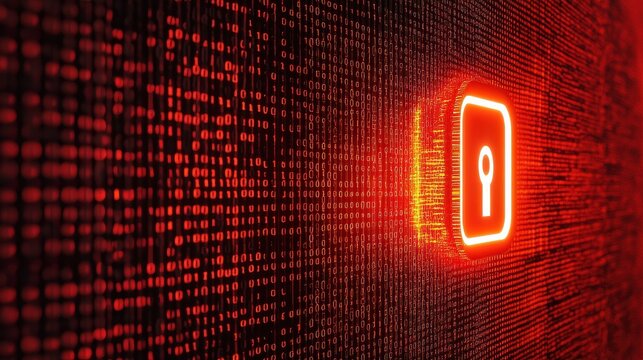 Close-up of a digital lock symbol on a background of binary code, representing security and data protection in technology.