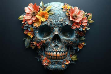 Ornate ivory skull decorated with intricate floral patterns and vibrant red flowers against a dark background Generative AI