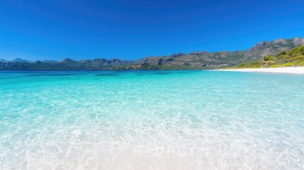 Fototapeta premium Tranquil lake beach, clear turquoise water, sunny day, idyllic scenery, travel destination