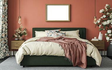 Modern bedroom interior design, terracotta wall, mockup frame