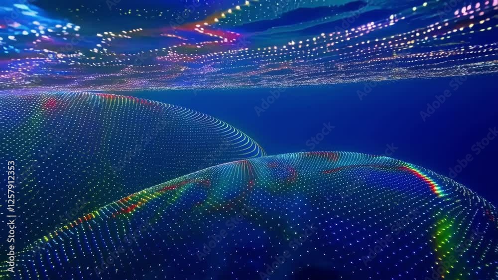 Poster digital ocean waves ripple and shift in a captivating abstract animation, showcasing dynamic particl