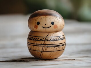 • A slender kokeshi doll, adorned with a simple painted kimono motif, is displayed on an expansive white background free from any clutter. The high-contrast environment showcases the doll’s 