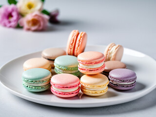 Macarons in pastel colors arranged elegantly on a white plate