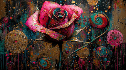 Obraz premium Artistic Pink Rose with Gold on Abstract Decorative Background as Wallpaper Illustration