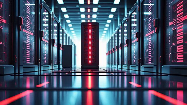 Futuristic data center with illuminated server racks and a glowing central processing unit in a high-tech environment

