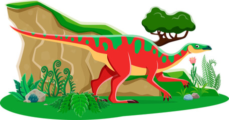 Extinct Anatotitan dinosaur cute character. Paleontology animal, extinct reptile or Jurassic era dinosaur funny cartoon vector personage. Prehistoric lizard funny isolated mascot or funny character