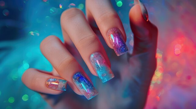 A vibrant hand showcasing stunning nail art with colorful glitter effects.