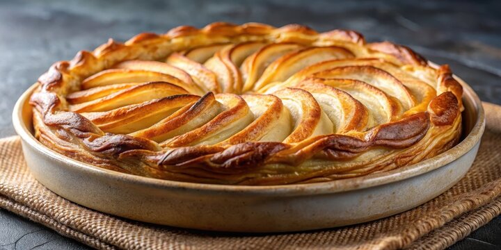 Crispy edges, golden brown color, and sweet aroma of freshly baked Dutch appelflappen pastry in a shallow dish , homemade
