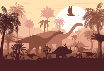Tropical jungle forest with prehistoric dinosaur silhouettes, vector background. Jurassic era dinosaurs, lizards and prehistoric reptiles or pterodactyl silhouettes in tropical jungle with sunset © Vector Tradition