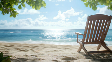 A wooden beach chair resting on a sandy shore under a clear blue sky, representing relaxation, summer vacations, and tropical getaways. Ideal for travel promotions, tourism ads, and holiday-themed des
