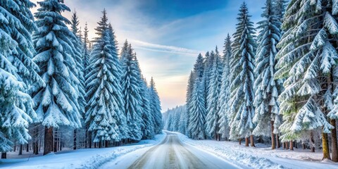 Frosty forest in winter, with tall Tannenbaum trees covered in snow and ice, evergreen