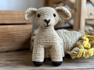 • A petite crocheted charm of the Chinese zodiac rat, featuring black beaded eyes and a tiny embroidered face, is displayed in the middle of a vivid white field. The strong, consistent lighting 