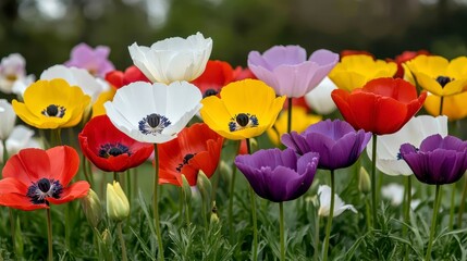 Vibrant colorful flowers in various shades of red, white, yellow, and purple, showcasing a variety of blossoms in a garden setting. The flowers are