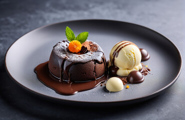 Chocolate lava cake with melting core and vanilla ice cream on the side