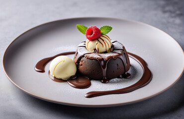 Chocolate lava cake with melting core and vanilla ice cream on the side