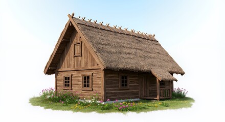 Rustic Wooden Cottage with Thatched Roof and Flowers on a Green Lawn
