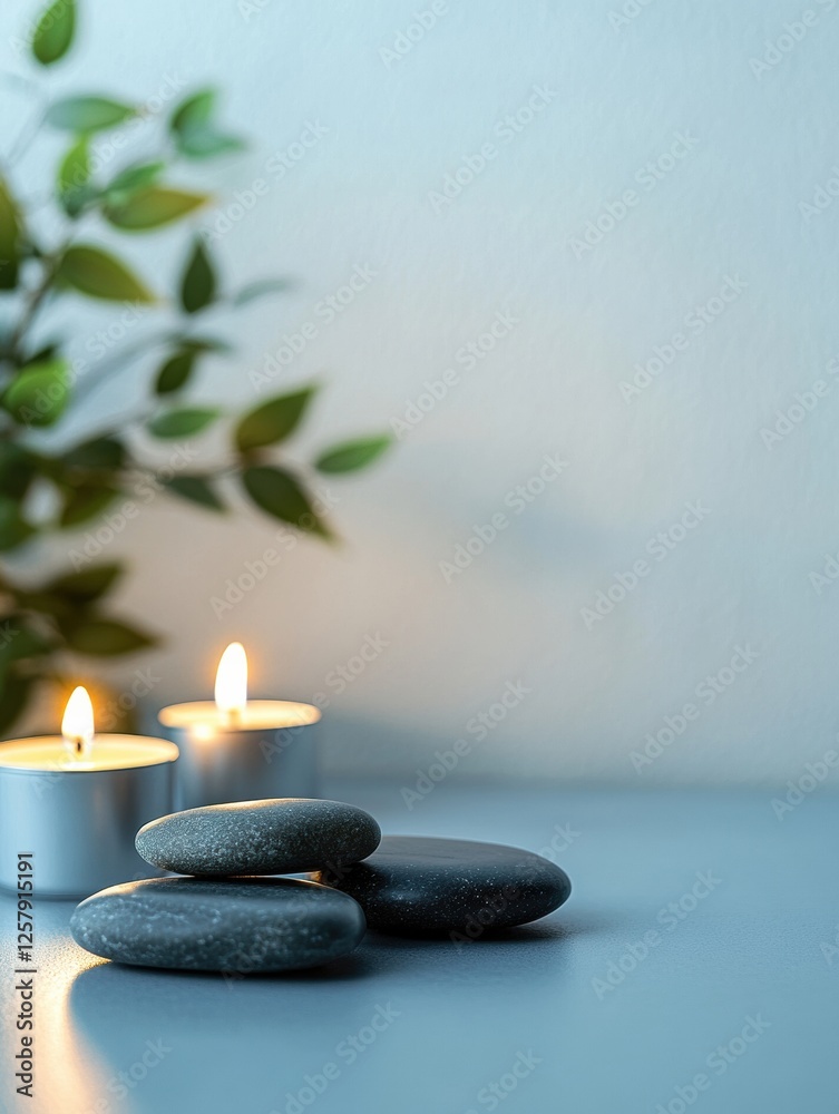 Poster relaxing spa setup featuring smooth massage stones and calming candles with space for personalized t