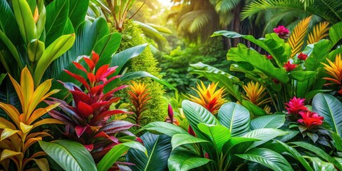 Obraz premium Dense cluster of exotic tropical leaves and foliage on a lush jungle bush with vibrant green stems and colorful flowers in full bloom , plant, tropical
