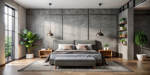 Obraz premium Modern bedroom interior with gray bed and minimalist decor , industrial accents, calming ambiance
