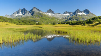 Scenic Mountain Reflection in Calm Lake Under Clear Blue Sky Scenery