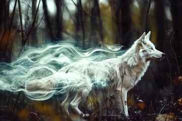 Ethereal white wolf with mystical aura in a forest setting.