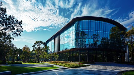 Obraz premium Modern glass office building, park landscape, sunny day, corporate success